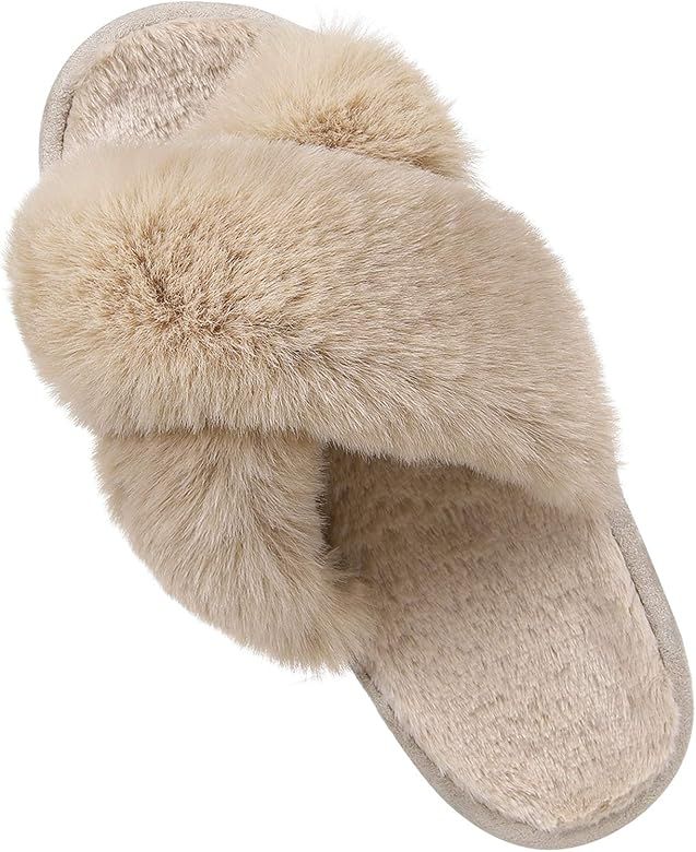 Comwarm Women's Cross Band Fuzzy Slippers Fluffy Open Toe House Slippers Cozy Plush Bedroom Shoes In | Amazon (US)