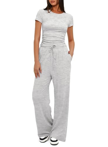 Darong Women's 2 Piece Trendy Outfits Relaxed Fit T Shirts and Long Pants Matching Sets Cozy Tracksuit Sets 9042A Light Grey L | Amazon (US)