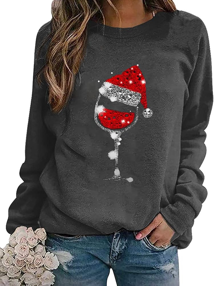 Women Christmas Sweatshirt Funny Red Wine Glass Christmas Shirt Xmas Santa Hat Graphic Pullover B... | Amazon (US)