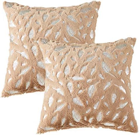 OMMATO Throw Pillows Covers 18 x 18,Set of 2 Khaki Fur with Silver Leaves Soft Throw Pillows for ... | Amazon (US)