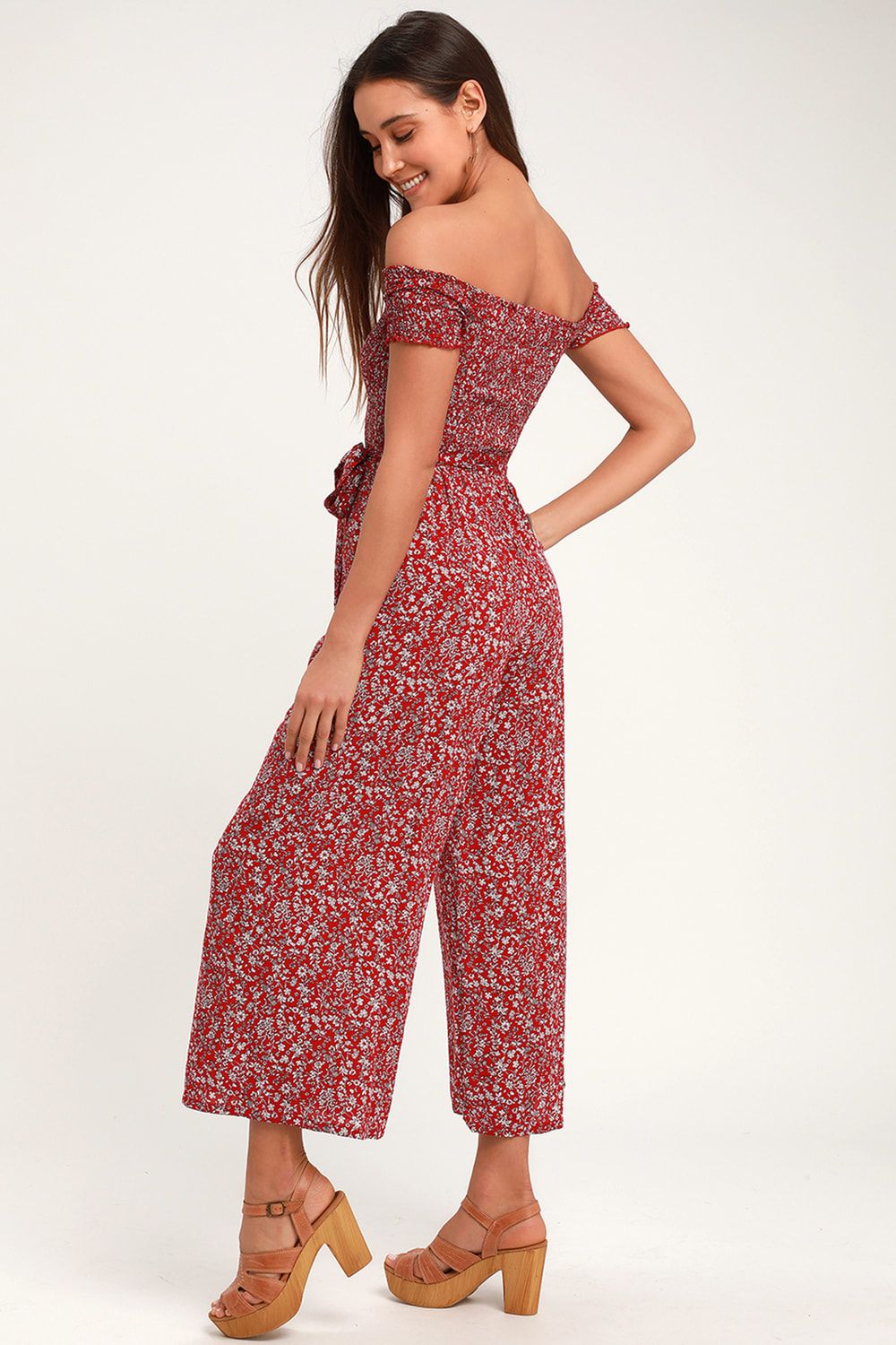 Behold Red Floral Print Off-the-Shoulder Jumpsuit | Lulus (US)