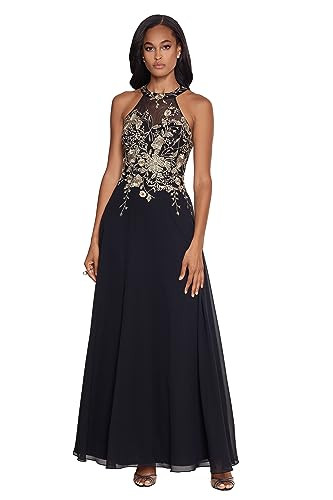 Betsy & Adam Women's Long Embroidered Halter Chiffon Gown, Black/Gold, 12 Petite | Amazon (US)