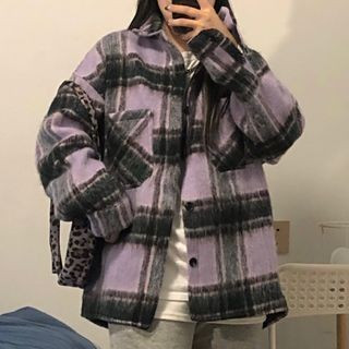 Plaid Shirt Jacket Purple - One Size | YesStyle Global