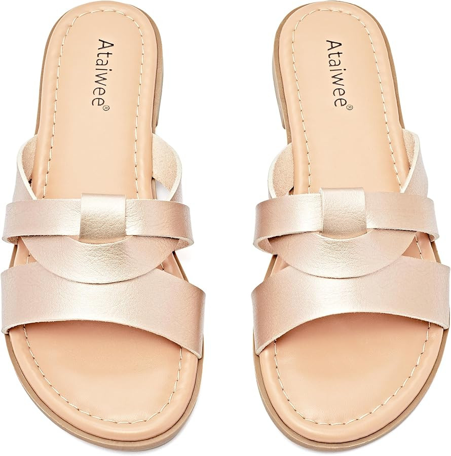 Ataiwee Women's Flat Slide Sandals - Fashion Slip On Flat Summer Shoes. | Amazon (US)