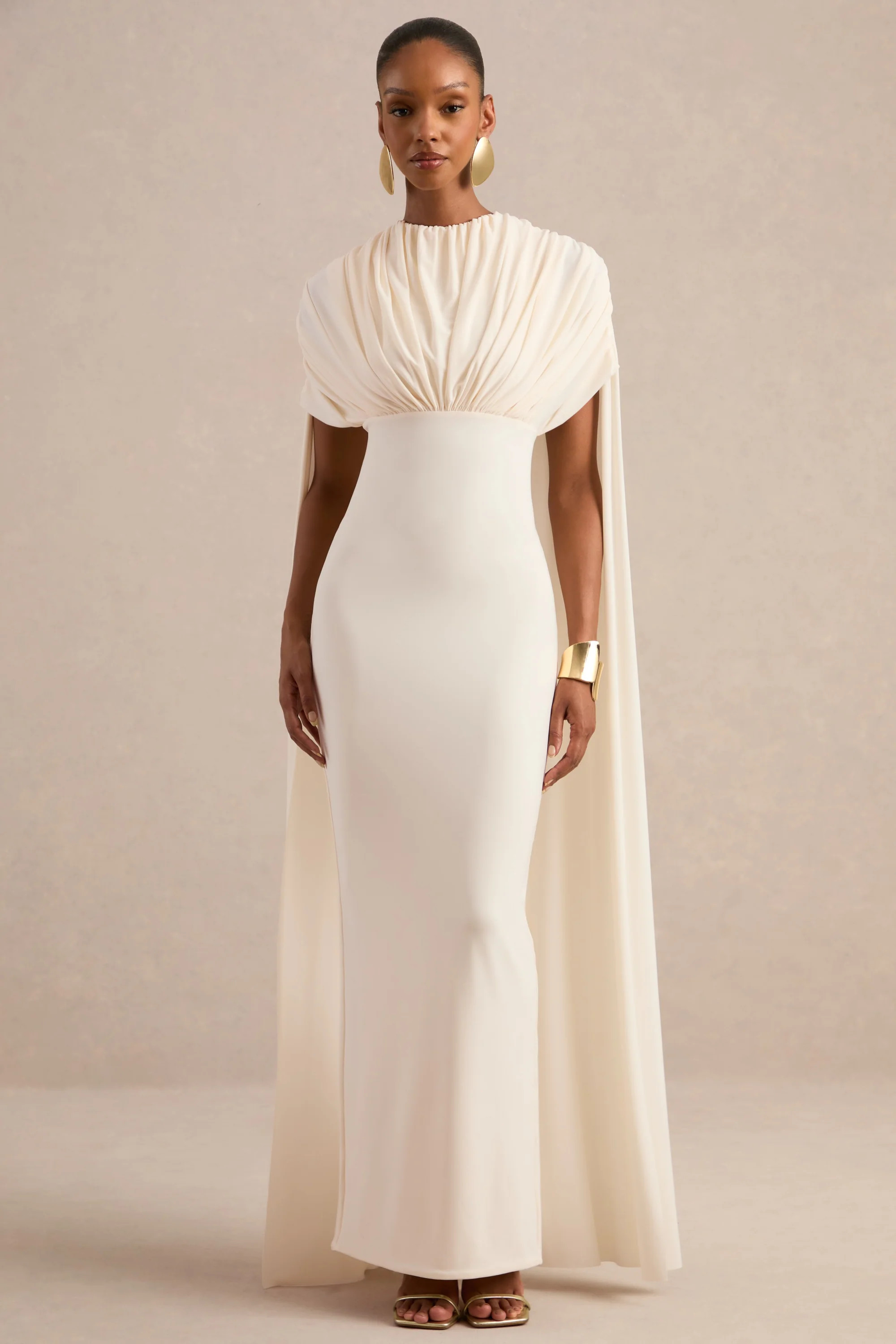 Diantha | Cream Wide-Neck Maxi Dress With Cape Sleeves | Club L London