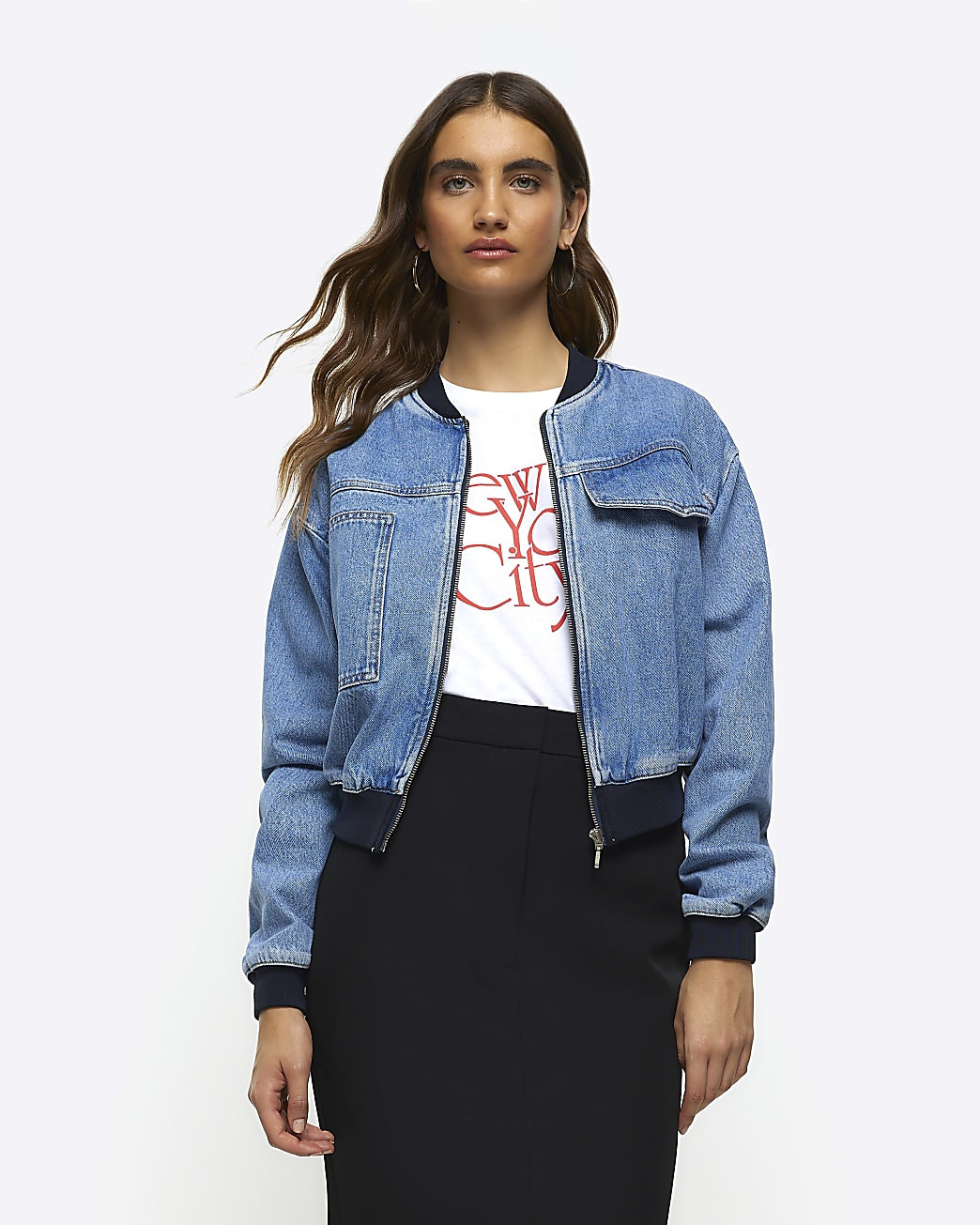 Blue denim crop bomber jacket | River Island (UK & IE)