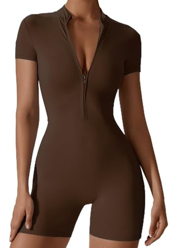 FEOYA Sport Workout Romper for Women Short Sleeve Athletic Shorts Unitard Compression Stretchy Sport Yoga Jumpsuit Zipper Tummy Control Bodycon Romper Brown M | Amazon (US)