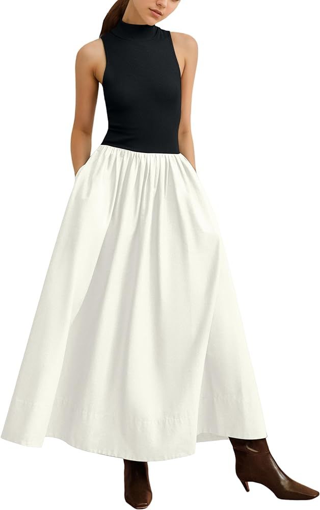 Lauweion Women's Sleeveless Turtleneck Maxi Dress Patchwork Casual Solid Flowy Mock Neck Long Dre... | Amazon (US)