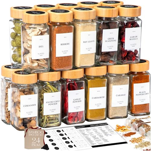 FINESSY Bamboo Glass Spice Jars with Labels and Shaker Lids Clear Empty 4oz 24 Pack Bottles Set, Glass Spice Containers with Labels, Seasoning Organizer Jars | Amazon (US)