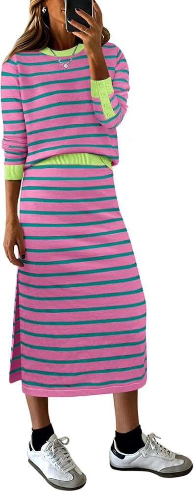 ANRABESS 2 Piece Skirts Sets For Women Fall Fashion 2025 Striped Sweater Midi Dress Knit Lounge T... | Amazon (US)