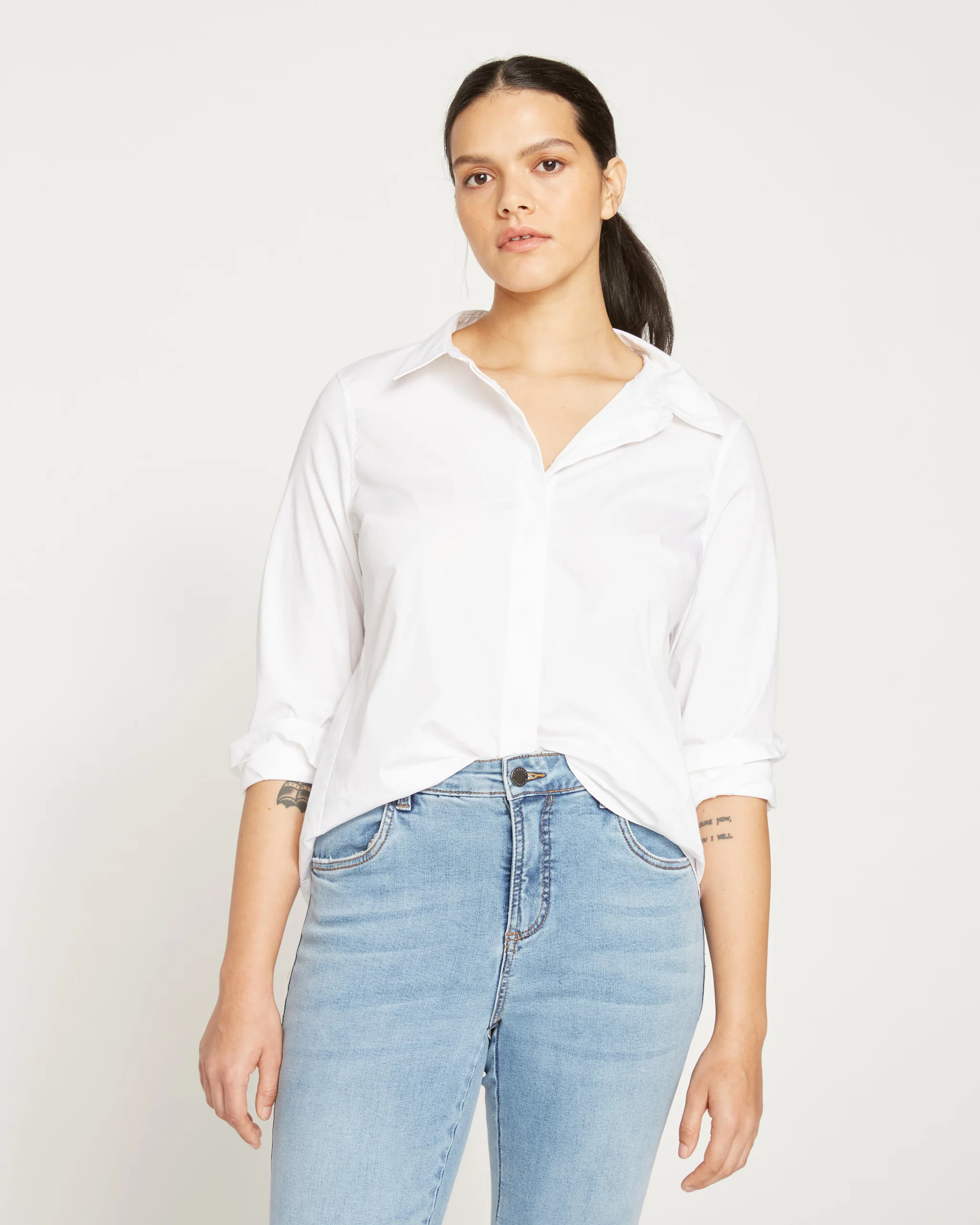 Full Placket Stretch Poplin Elbe Shirt - White | Universal Standard