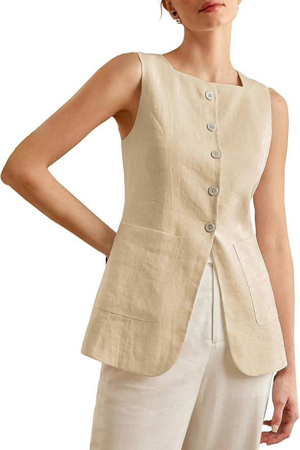 2026 Womens Summer Long Linen Vest Sleeveless Lightweight Fully-Lined Single Breasted Casual Work... | Amazon (US)