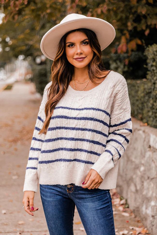 Forever More Navy Cable Knit Striped Sweater | The Pink Lily Boutique