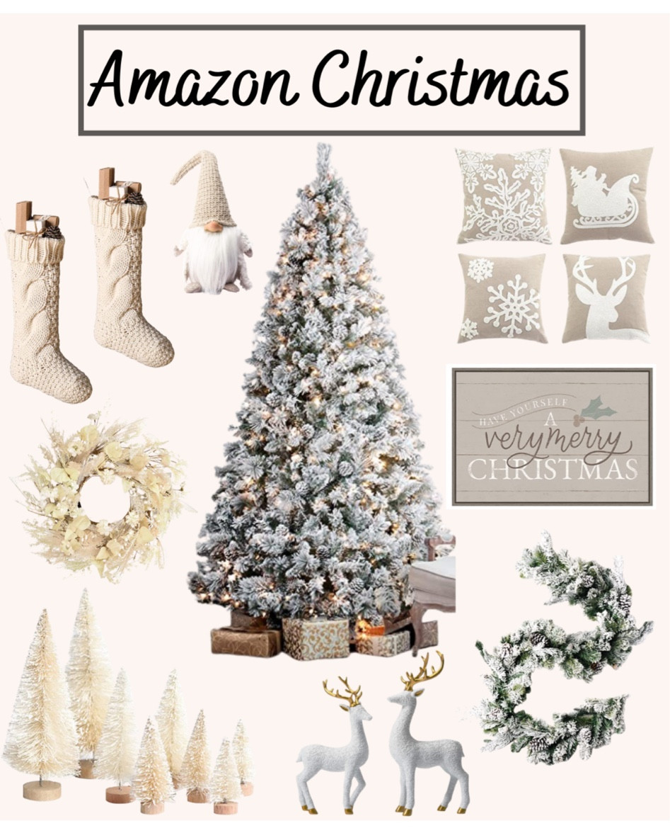 Neutral Christmas decor From Amazon! It’s all very affordable 🎄 

Flocked Christmas tree 
Faux Christmas tree
 Christmas stockings 
Wreath
Nutcracker 
Reindeer 
Christmas pillows 
Flocked garland 
Christmas bottle trees 


 


#LTKhome #LTKHoliday #LTKSeasonal