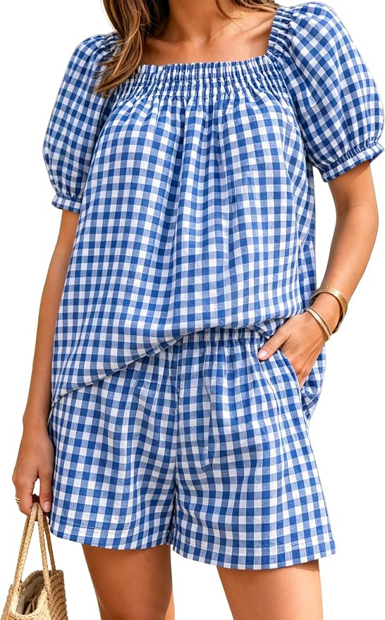 Women Plaid 2 Piece Summer Casual Puff Sleeve Smocked Babydoll Shirt Wide Leg Shorts Matching Lou... | Amazon (US)