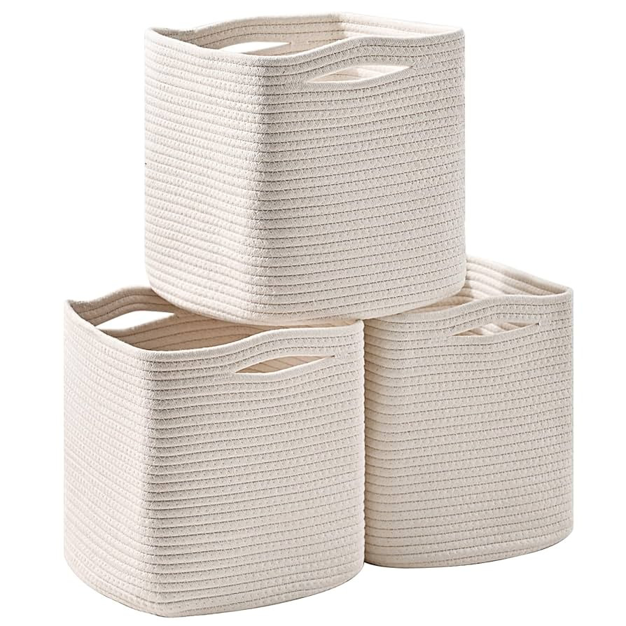 11 Inch Cube Storage Bins, Organizer Bins, Woven Cotton Rope Baskets for Storage, Storage Baskets... | Amazon (US)