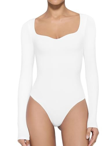 Avidlove Long Sleeve Bodysuits for Women Sexy Sweetheart Neck Going Out Outfits Double Lined Bodysuit White S | Amazon (US)