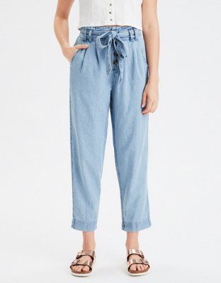 AE High-Waisted Denim Paperbag Taper Pant | American Eagle Outfitters (US & CA)