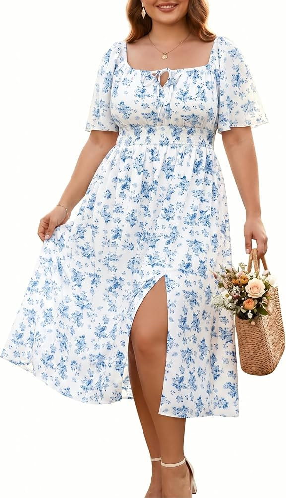 Plus Size Summer Dress Women - Milkmaid Sundress Boho Floral Casual Beach Wedding Midi Dresses | Amazon (US)