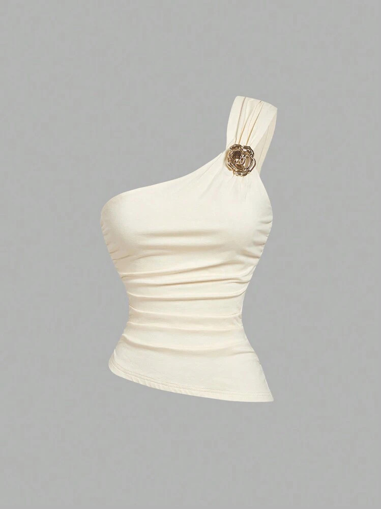 SHEIN MOD Women's Apricot Color Ruched Hem Gold Brooch Decor One Shoulder Camisole Top, Party Wea... | SHEIN