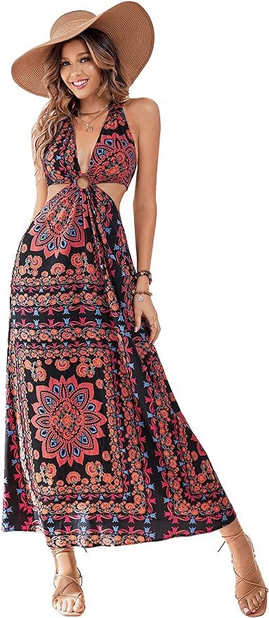 SweatyRocks Women's Boho Floral Halter Dress Tie Backless Cut Out Flare Maxi Dresses | Amazon (US)