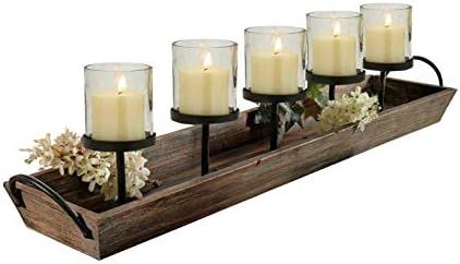 PierSurplus 27.5 in. Rustic Wood Candle Centerpiece Tray w/Five Metal Candle Holders CL229603 | Amazon (US)