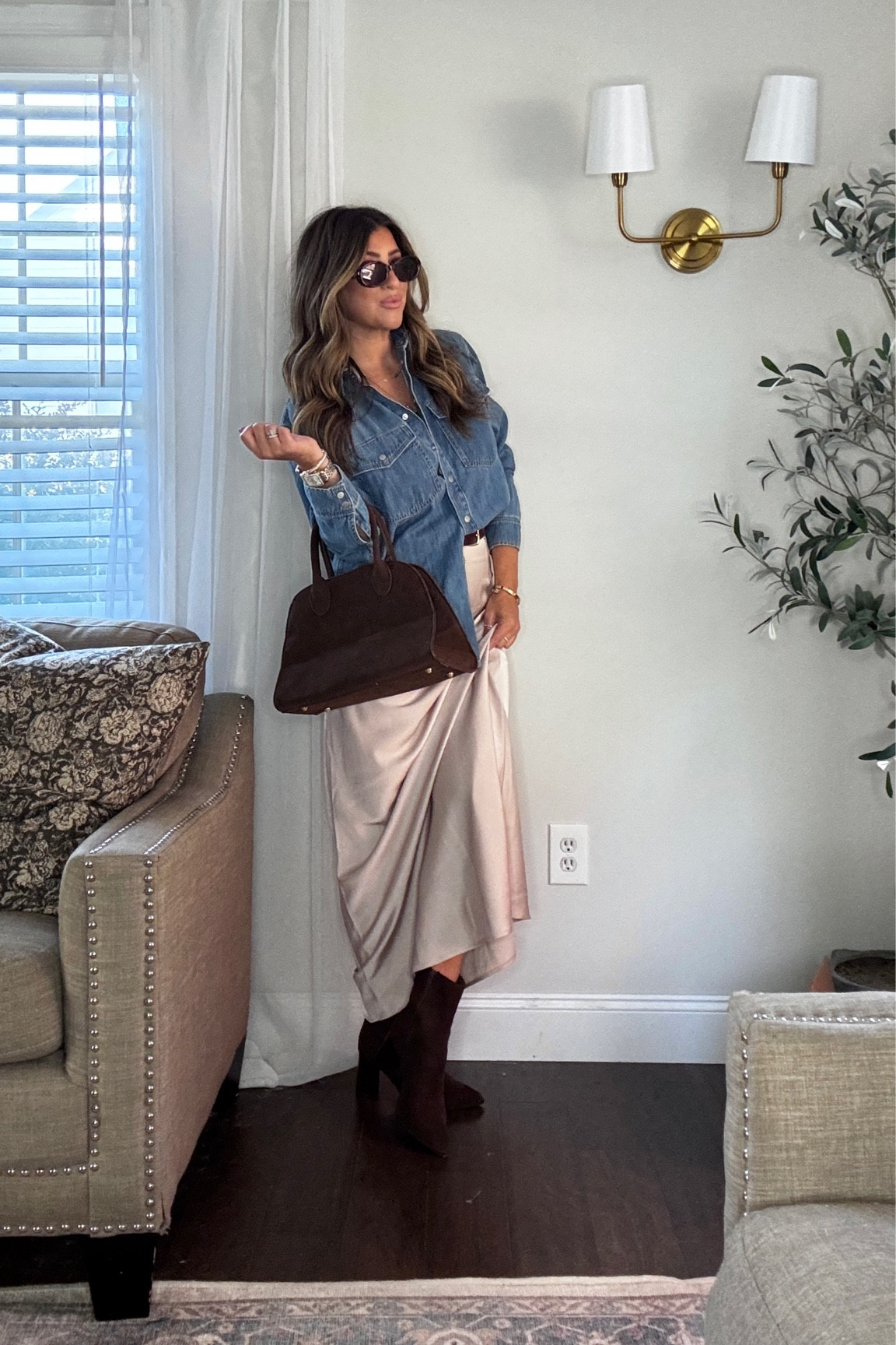 How cuuuuuuute?! Love a good slip skirt and this denim button up. I also see it paired with jeans and leggings. 👏🏼

Wearing med skirt and small top. 

Fall outfit, fall style, fall skirt, thanksgiving outfit 

#LTKFindsUnder50 #LTKSeasonal #LTKStyleTip
