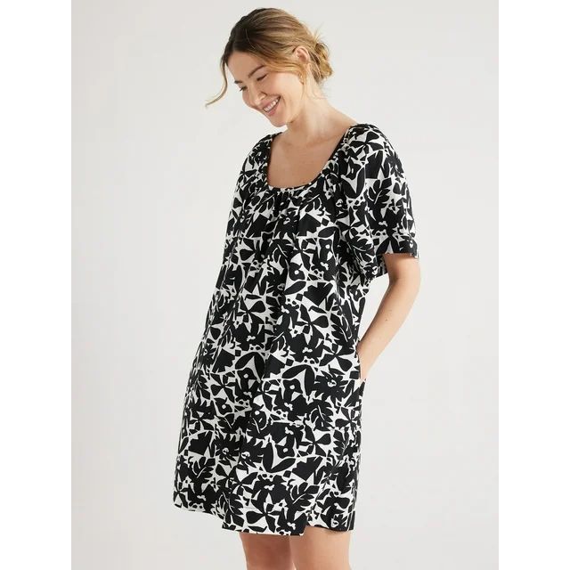 Free Assembly Women's Square Neck Print Mini Dress with Short Sleeves, Sizes XS-XXL | Walmart (US)