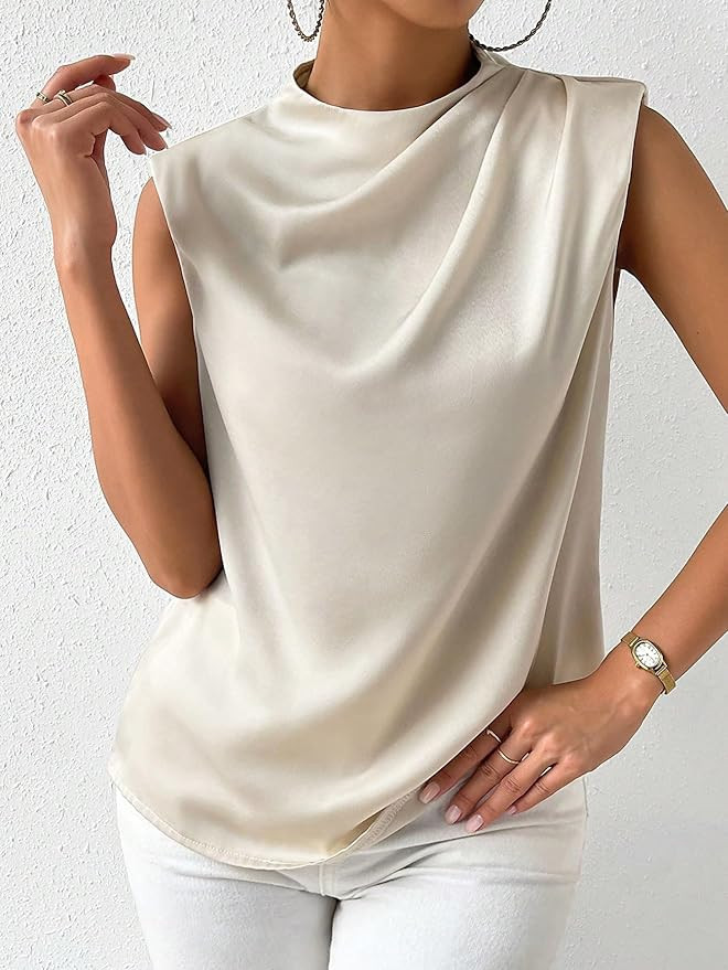 COZYEASE Women's Ruched Sleeveless Stand Collar Mock Neck Zipper Back Satin Blouse Shirt | Amazon (US)