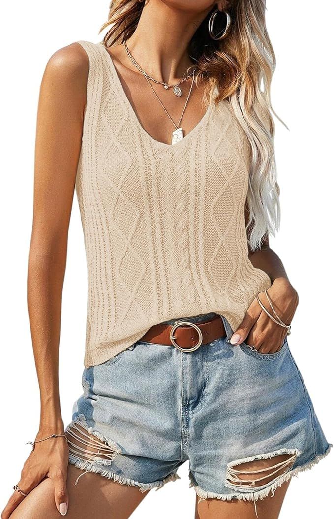 Soulomelody Womens Summer V Neck Tops Knitted Sleeveless Tank Top Cable Knit Sweater Vest Casual ... | Amazon (US)