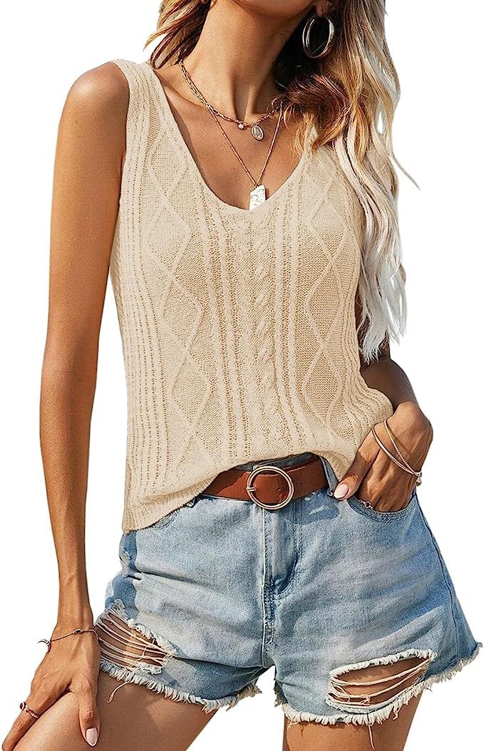 Soulomelody Womens Summer V Neck Tops Knitted Sleeveless Tank Top Cable Knit Sweater Vest Casual ... | Amazon (US)