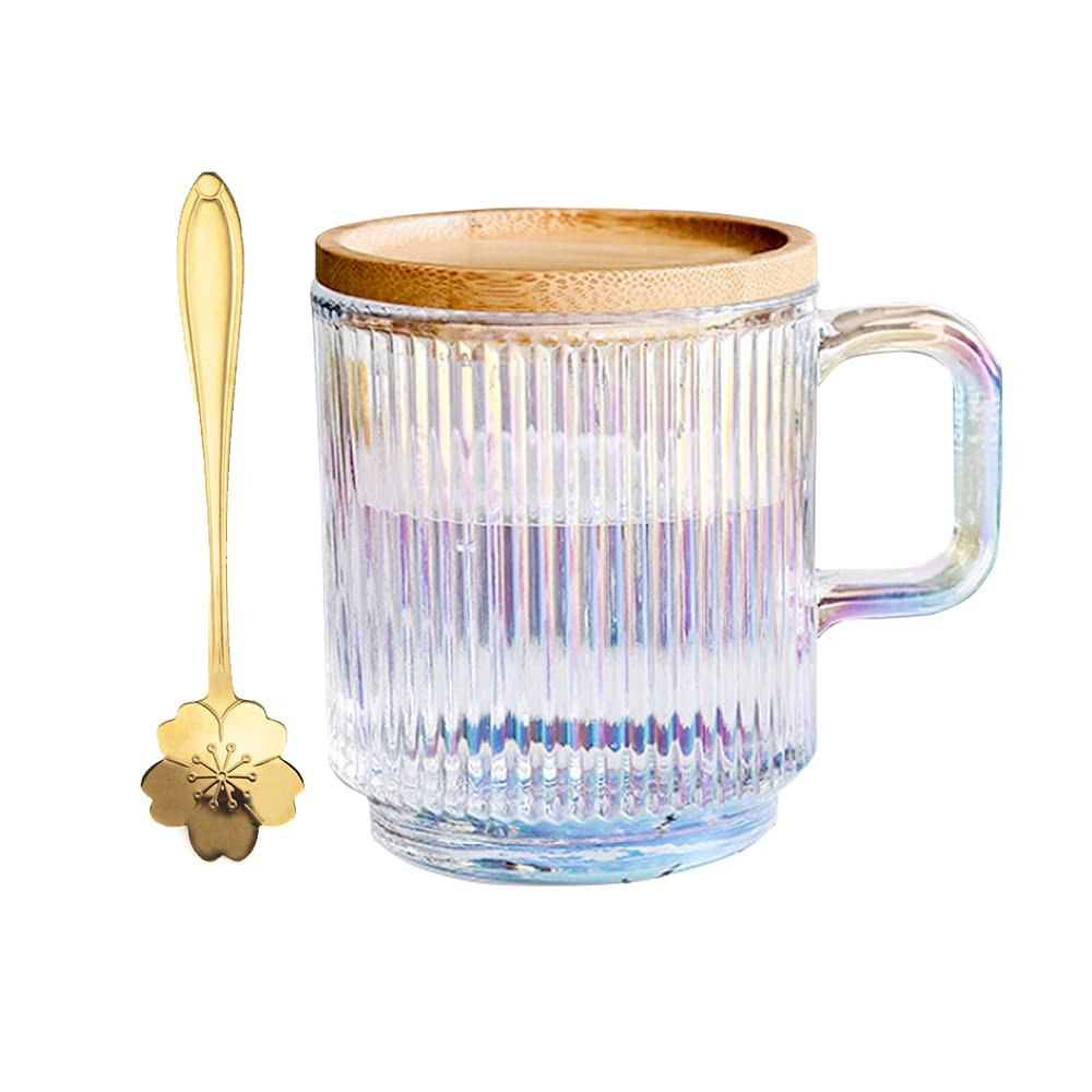 Clear iridescent glass mug with lid and cherry blossoms spoon, tea mugs coffee glass cup, pretty mug | Amazon (US)