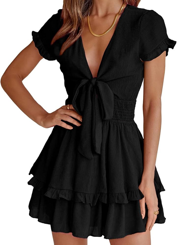 PRETTYGARDEN Women's 2023 Summer Swing Mini Dress Tie Front V Neck Short Sleeve Ruffle Layer A-Li... | Amazon (US)