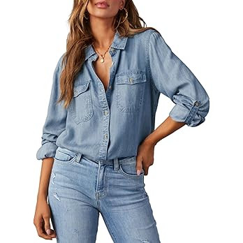 Astylish Women Button Down Denim Shirts Casual Long Sleeve V Neck Chambray Blouse Top | Amazon (US)