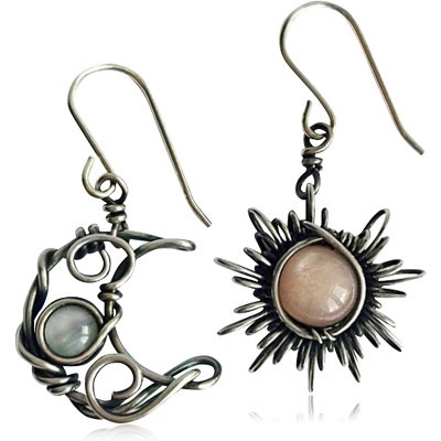 Abstract Hollow Drop Earrings - Asymmetry Moon & Star Design with Black Moonstone, Hypoallergenic Vinatge Silver One Size | Target