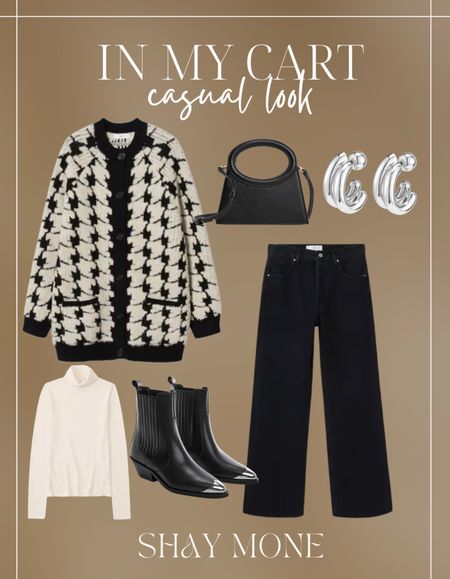 What to wear to gift exchange: Houndstooth cardigan, black wide leg jeans, turtleneck sweater, black pointed toe boots with metallic tip, black handbag, silver cuff earrings make great gift 

#LTKxAF #LTKGiftGuide #LTKshoecrush