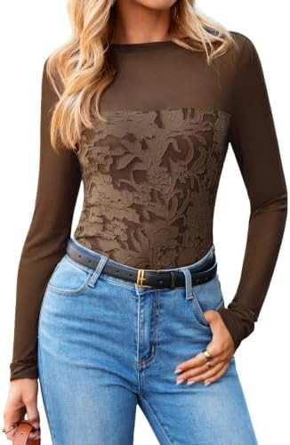 Glamaker Womens Mesh Long Sleeve Tops Lace Mock Neck See Through Shirts Sheer Going Out Sexy Club... | Amazon (US)