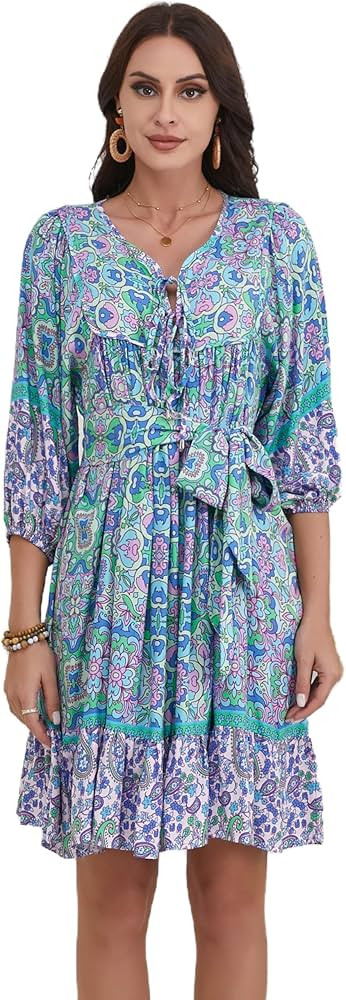 Women's Bohemian Dress V Neck Front Tie 3/4 Long Sleeve Floral A Line Beach Boho Tunic Dress | Amazon (US)