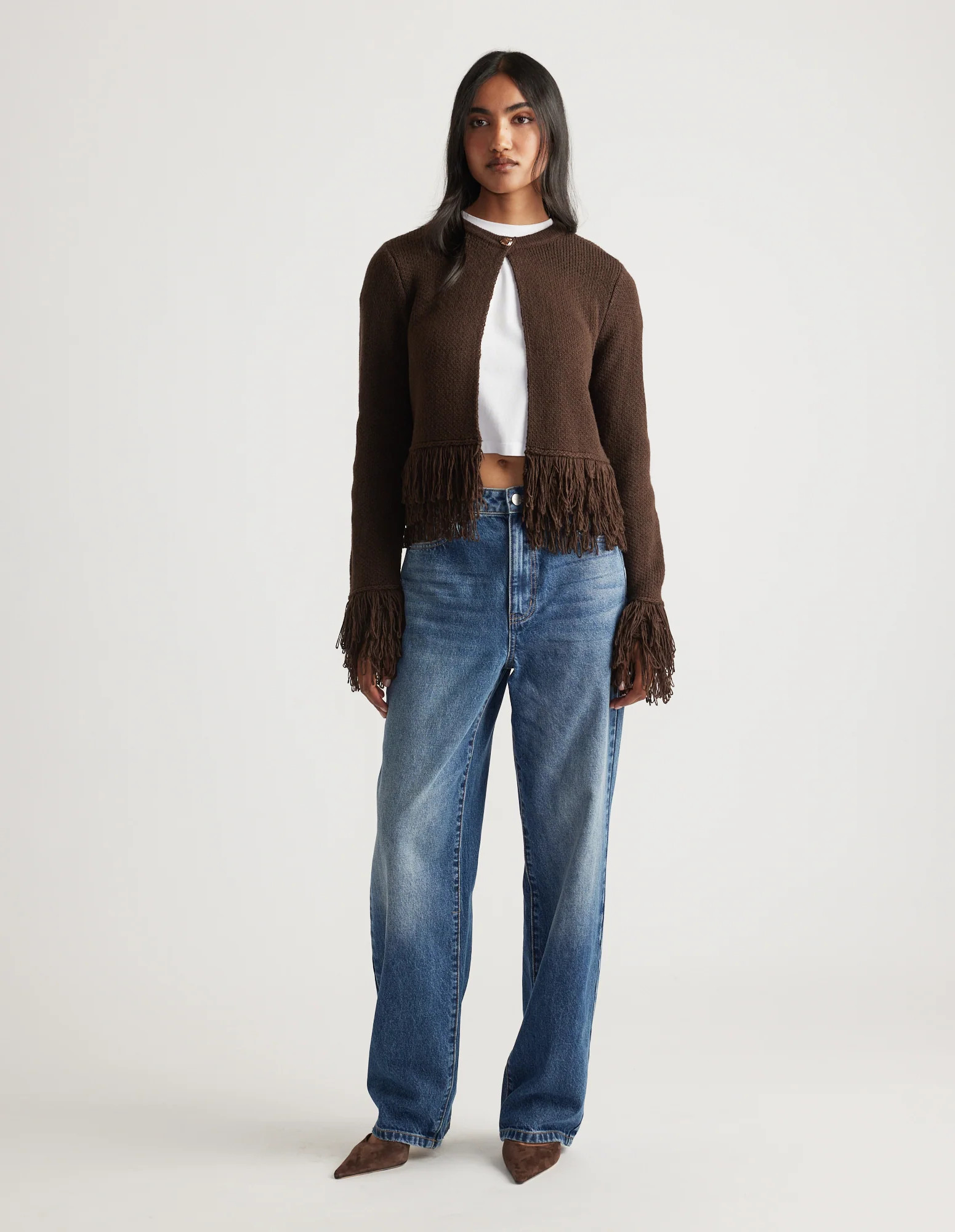 Lottie Fringe Detail Cardigan - Dark Khaki | DECJUBA