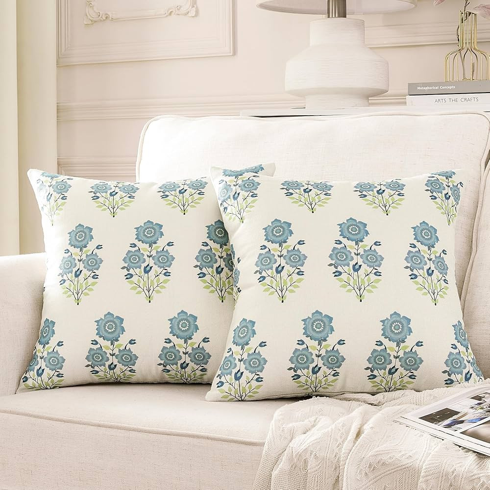 Pack of 2, Mughal Flower Pillow Cover 20 x 20 Inch Chinoiserie Blue Floral Throw Pillow Cover Lin... | Amazon (US)