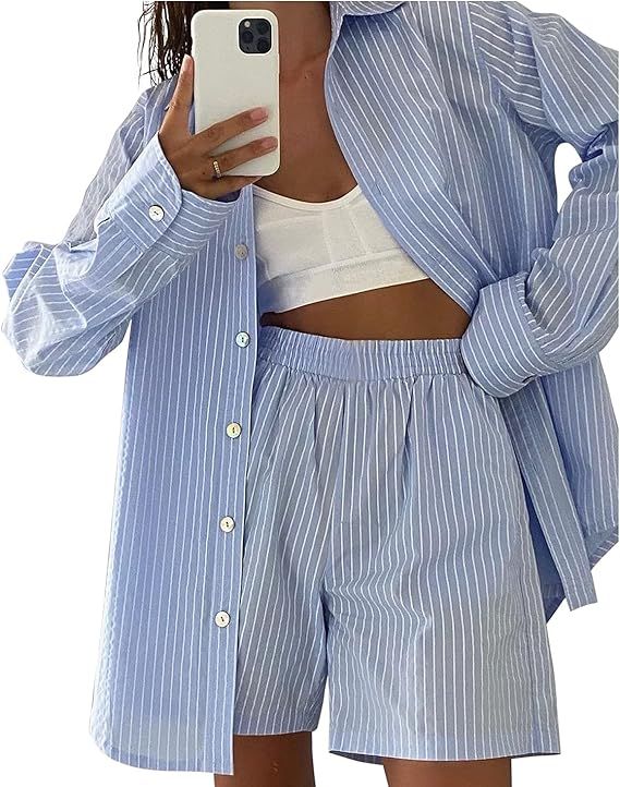 SAFRISIOR Women’s 2 Piece Casual Tracksuit Outfit Sets Stripe Long Sleeve Shirt And Loose High ... | Amazon (US)