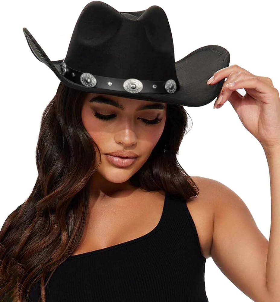 Womens Western Cowboy Hats Studded Pinched Western Cowgirl Hats Wide Brim Fedoras Hat with Belt B... | Amazon (US)