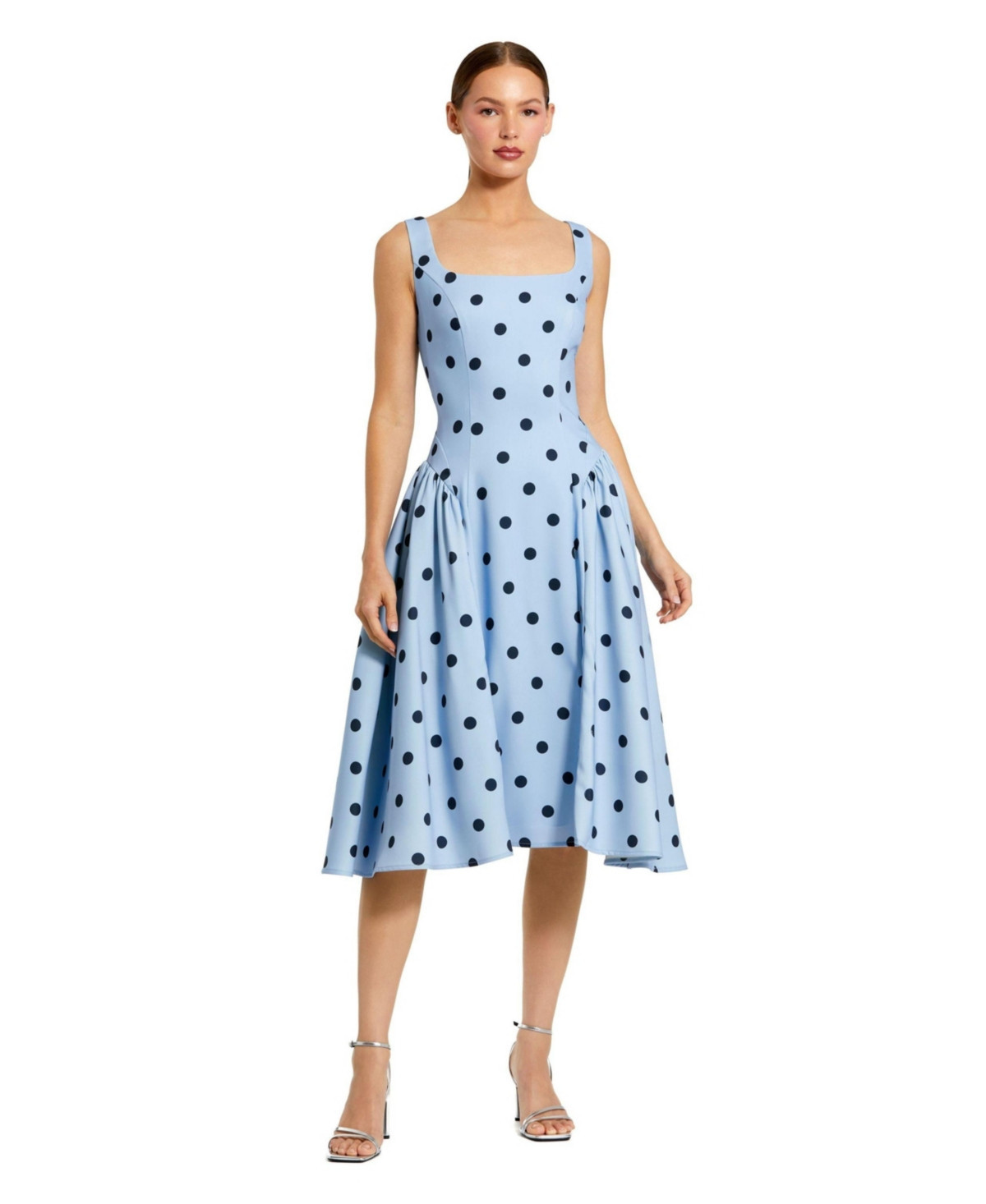 Mac Duggal Women's Polka Dot A-Line Midi Dress with Square Neck and Ruffle Gussets - Sky multi | Macy's