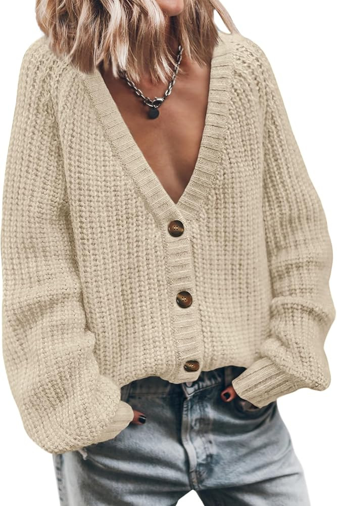 LILLUSORY Women's Chunky Cropped Oversized Cardigan Sweater V Neck Knit Cute Fall Casual Fashion ... | Amazon (US)