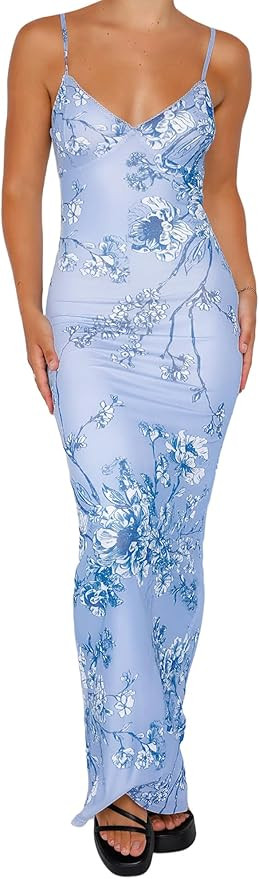 Women Bodycon Maxi Dress Y2k Sexy Spaghetti Strap Backless Slim Long Dress Flower Print Vacation ... | Amazon (US)