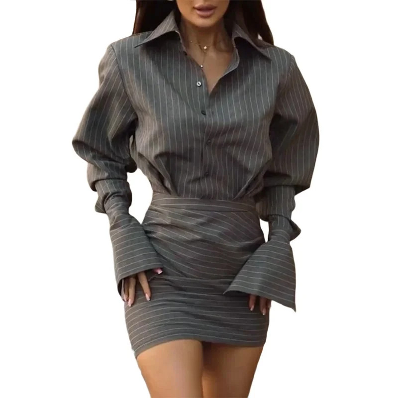 Women'S Striped Top and Short Skirt Two-Piece Casual Suit Dark Gray XL | Walmart (US)