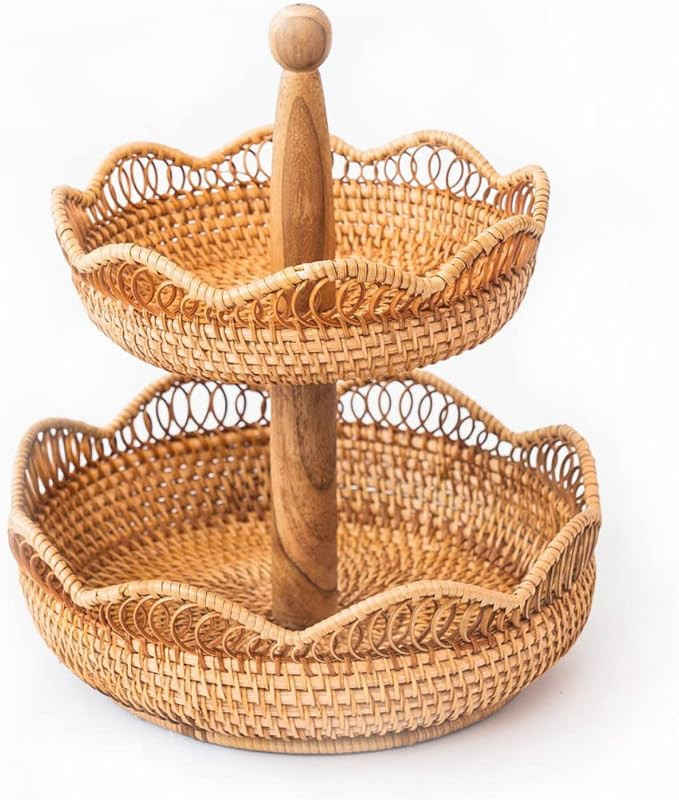 LiLaCraft 2-Tier Twisted Rattan Wicker Serving Standing Trays, Rustic Tiered Serving Stands for P... | Amazon (US)