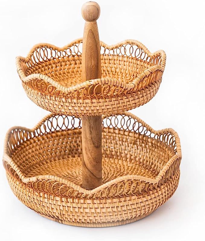 LiLaCraft 2-Tier Twisted Rattan Wicker Serving Standing Trays, Rustic Tiered Serving Stands for P... | Amazon (US)
