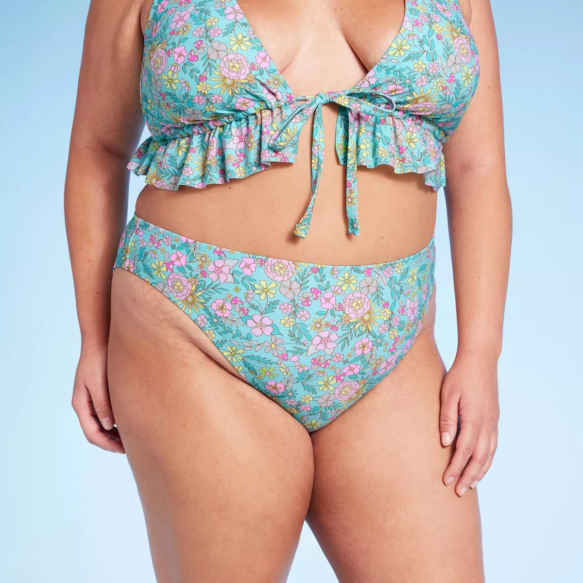 Women's Mid-Rise Cheeky High Leg Bikini Bottom - Wild Fable™ Green Floral Print 1X | Target