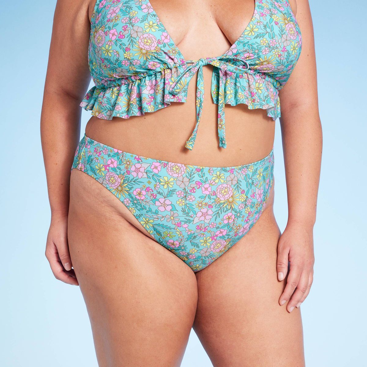 Women's Mid-Rise Cheeky High Leg Bikini Bottom - Wild Fable™ Green Floral Print 2X | Target